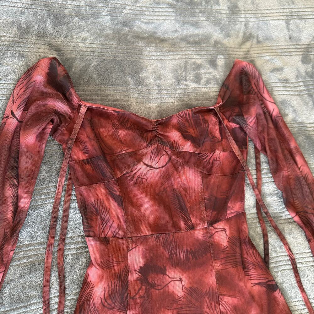 Cider Red Mesh Long Bell Sleeved Off The Shoulder Mini Dress Women's XS - Picture 4 of 11